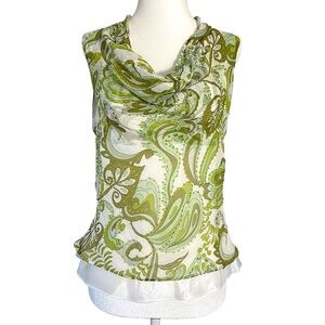 Vintage Y2K iCE Beaded Green White Paisley Silk Cowl Botanical Sheer Top Medium